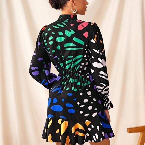 Multicolor Boho Womens Floral Print Ruffled Hem Short Dress With Long Sleeves - Picture 2 of 6